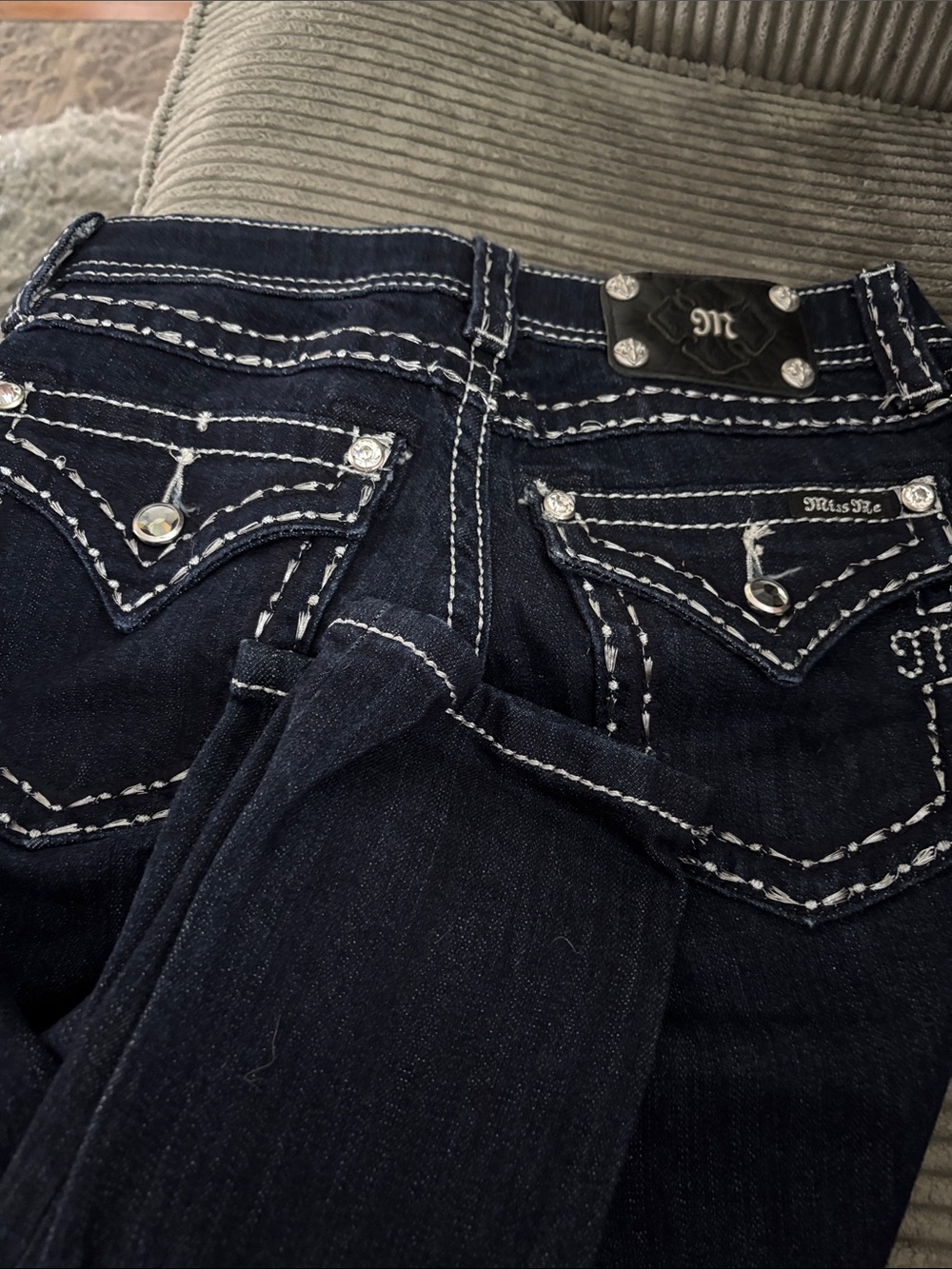 Miss Me Dark Indigo Bootcut Jeans with Contrast Stitching & Rhinestone Pockets